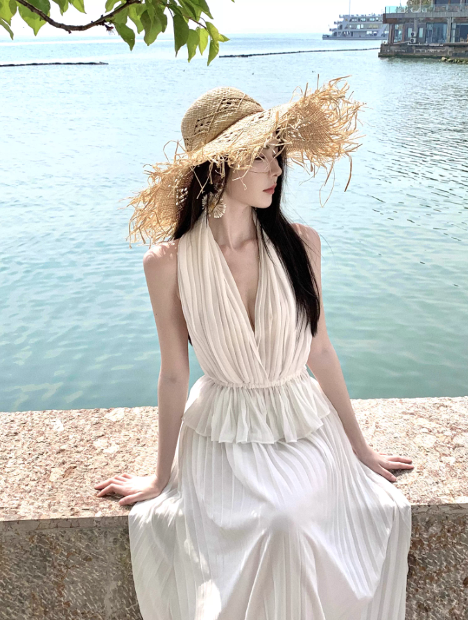 Elegant Ruffles Hem Coord Set Summer Outfit Maxi Dress Ruched Two-Piece Halter Long Dress AP1263