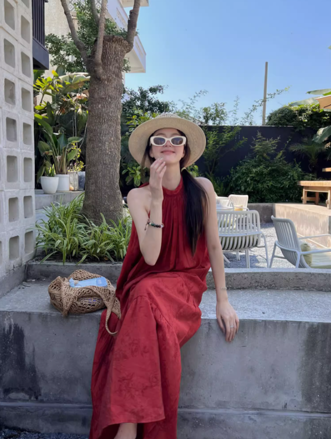 Bohemian Flowy Red Summer Outfit Maxi Dress Floral-Print Loose Style Halter Long Dress AP1264