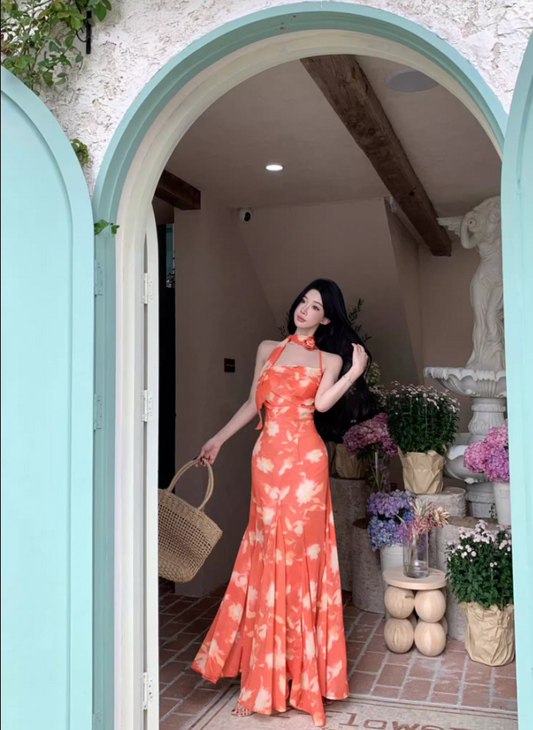 Photographic Sunset Styling Flowy Maxi Dress Floral Print Mermaid Halter Long Dress AP1267