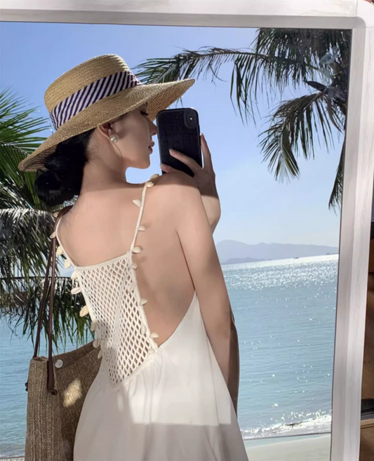 Stunning Crochet-Back Maxi Dress Vogue Spaghetti Strap V-Neck Loose Style Long Dress AP1271