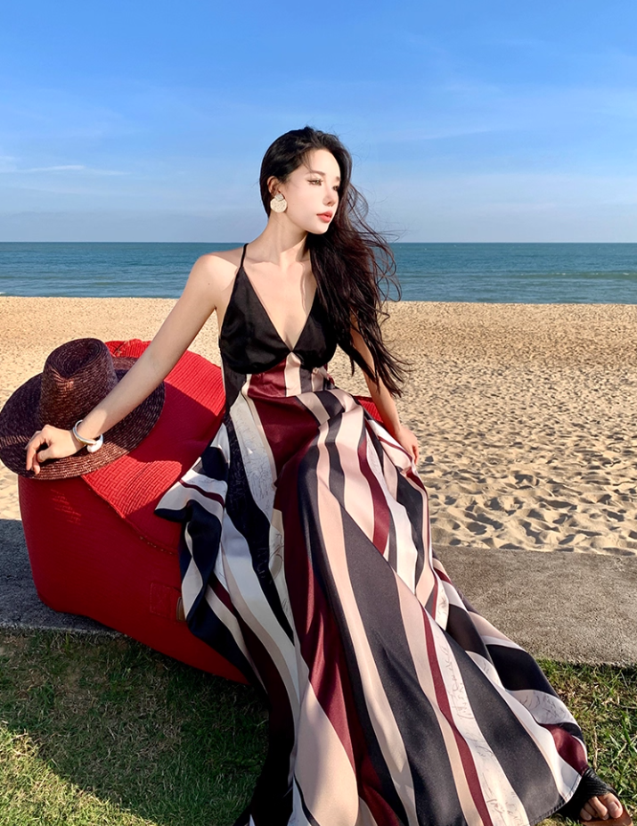 Vintage Flowy Color-Block Striped Beach Hangouts Maxi Dress Vogue Tie-Back Spaghetti Strap Long Dress AP1275