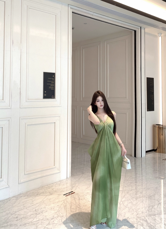 Ethereal Flowy V-Neck Green Natural Draped Maxi Dress Beach Hangouts Spaghetti Strap Long Dress AP1276