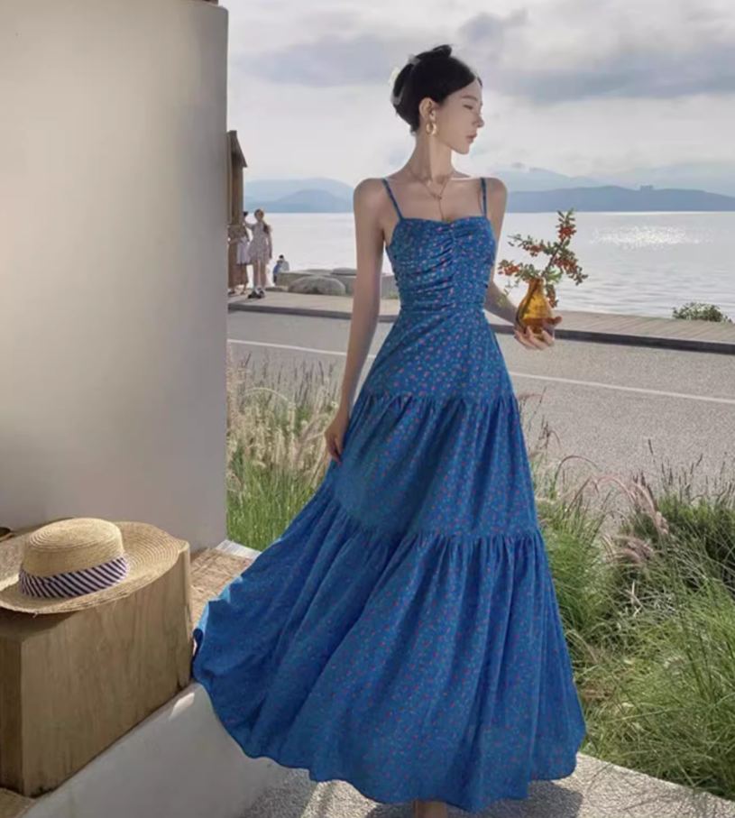 French-Inspired Floral Print Blue Maxi Dress Chic Flowy Backless Cinched-Waist Long Dress AP1279