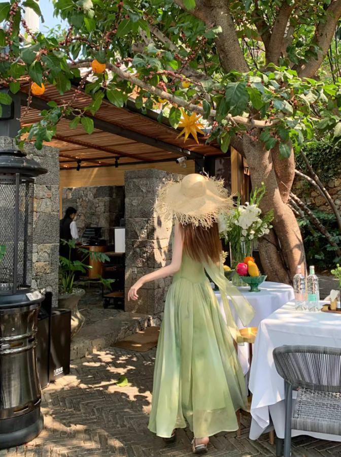 Dreamy Green Double Layers Maxi Dress Classical Flowy Cinched-Waist Minimalist Long Dress AP1280