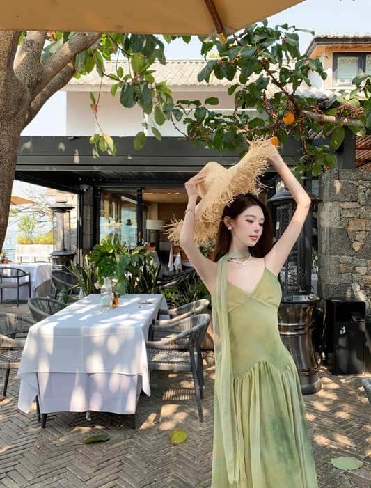 Dreamy Green Double Layers Maxi Dress Classical Flowy Cinched-Waist Minimalist Long Dress AP1280