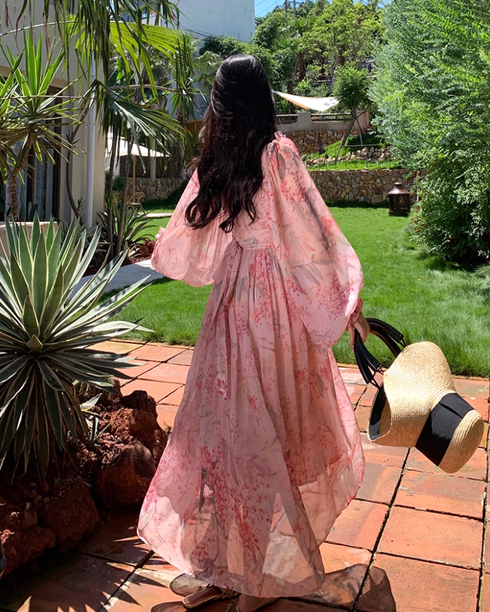 Romantic Long Puff-Sleeve Floral Print Maxi Dress Scenic Vacays Pink Deep V-Neck Flowy Long Dress AP1284