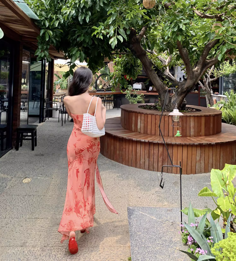 Alluring Coral Pink Tie-Front Floral Print Maxi Dress Asymmetric Hem Strapless Long Dress AP1289