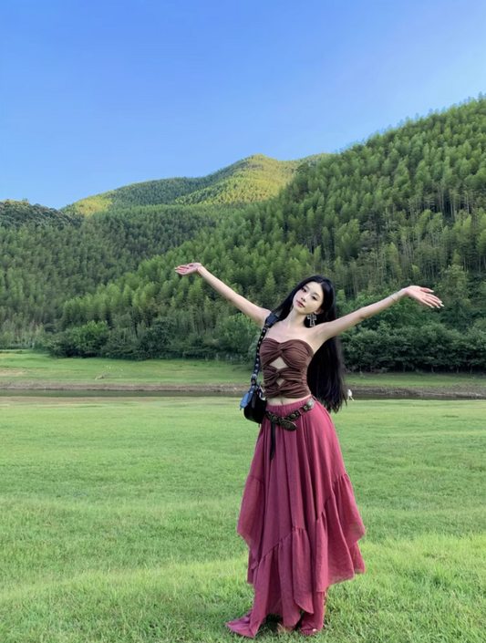 Boho Style Asymmetric Hem Two-Piece Set Maxi Dress Stylish Outdoor Trips Cutout Top Strapless Long Dress AP1290