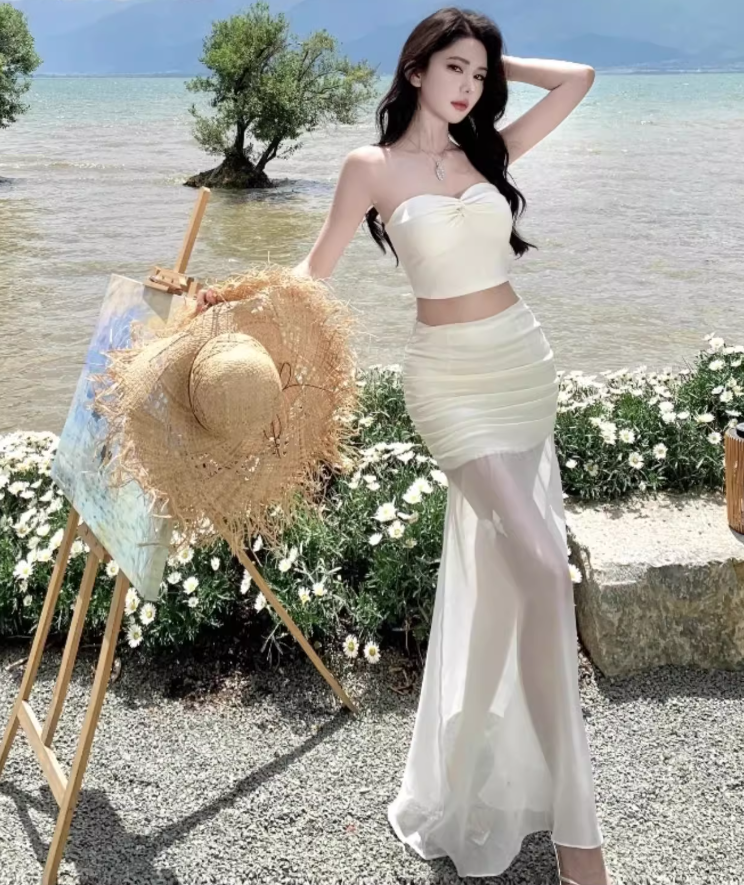 Dreamy Sheath Two-Piece Set Maxi Dress Summer Trips Outfit Strapless Top Tulle Splicing Long Dress AP1291