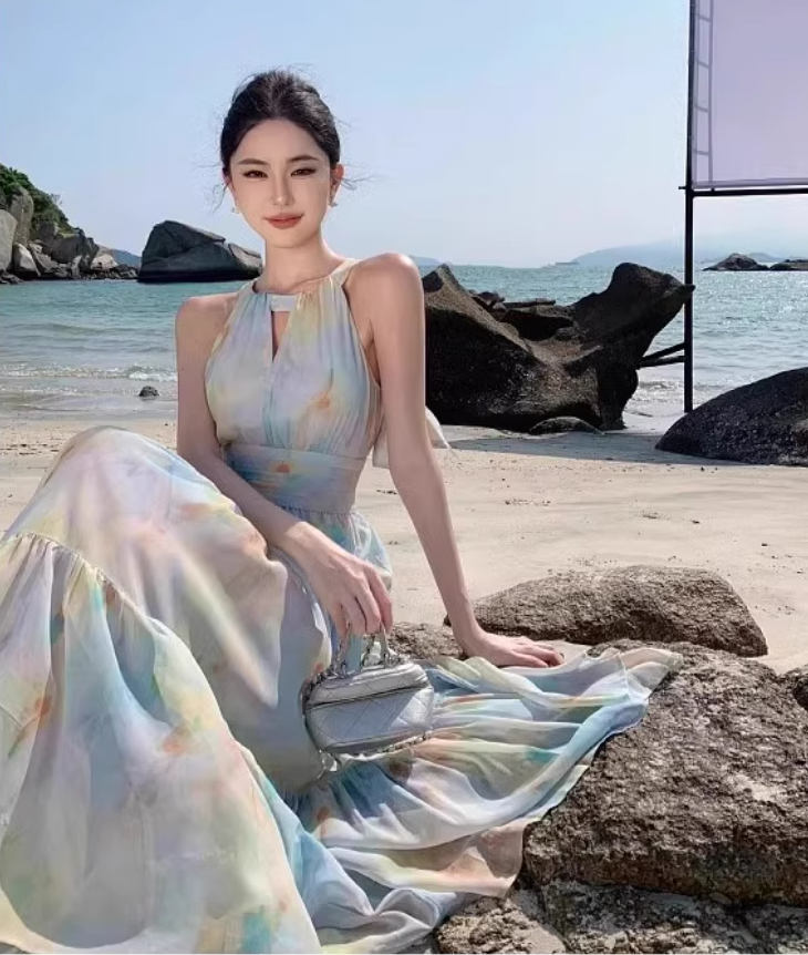 Dopamine Impressionist Oil Painting Print Flowy Maxi Dress Sunny Beaches Halter Tie Long Dress AP1298
