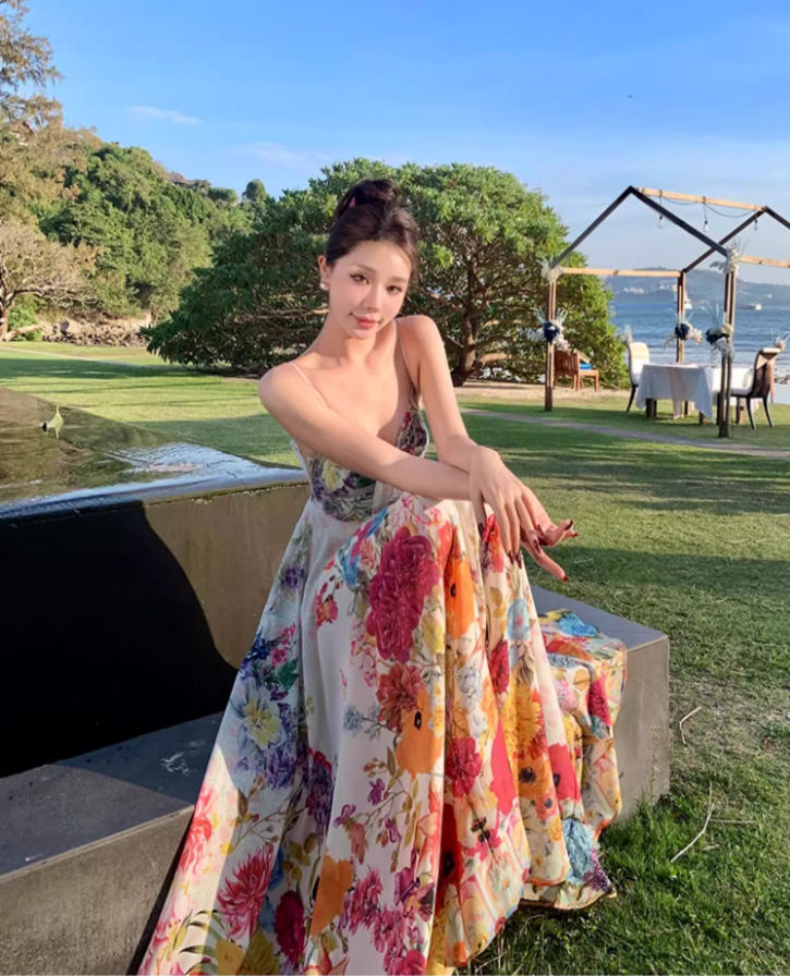 Vibrant Colorful Floral Print Maxi Dress Scenic Coastal Trips Flowy Spaghetti Strap Cinched-Waist Long Dress AP1302