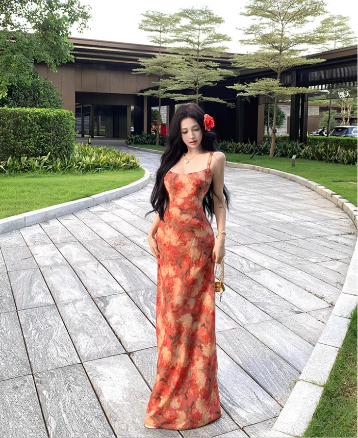 Vintage Colorful Floral Print Maxi Dress Beach Vacays Chic Sheath Spaghetti Strap Open Back Long Dress AP1303