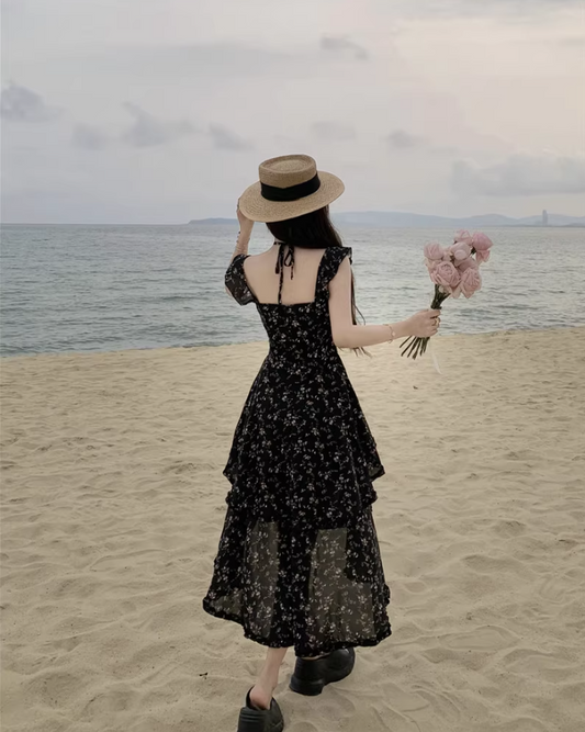 Retro Black Floral Print Maxi Dress Hi-Lo Ruffles Hem Flowy Elegant Halter Long Dress AP1305