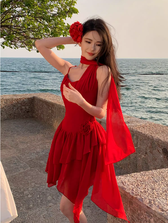 Sexy Flower Ornament Red A-Line Short Skirt Sweet Girls Tiered Ruffles Hem Short Dress AP1306