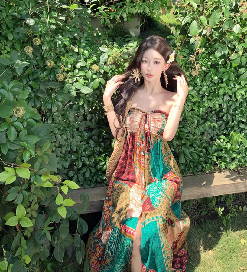 Boho-Inspired Color-Block Hollow-Out Maxi Dress Flowy Vintage Adjustable Halter Long Dress AP1309