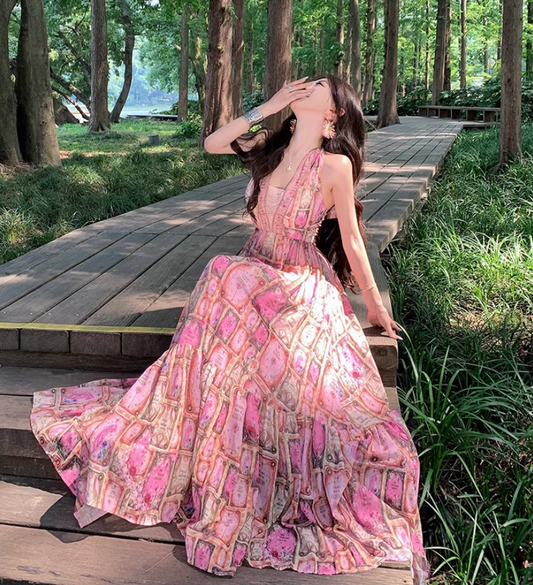 Charming Pink Beading Ruffles Maxi Dress Romantic Flowy Loose Style Backless Halter Long Dress AP1311