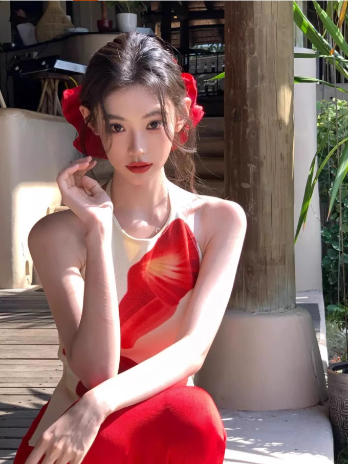 Retro Two-Piece Set Red Flower Print Maxi Dress Vibrant Sheath Backless Halter Long Dress AP1315