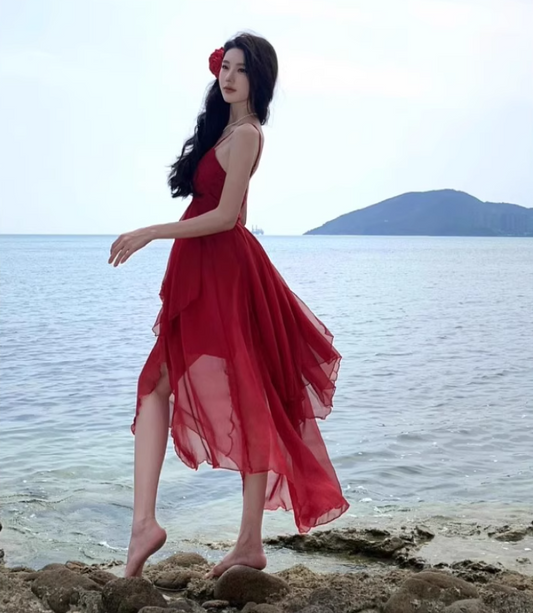 Charming Red Cinched-Waist Maxi Dress Vogue Ruffles Cascade Tulle Spaghetti Strap Long Dress AP1316