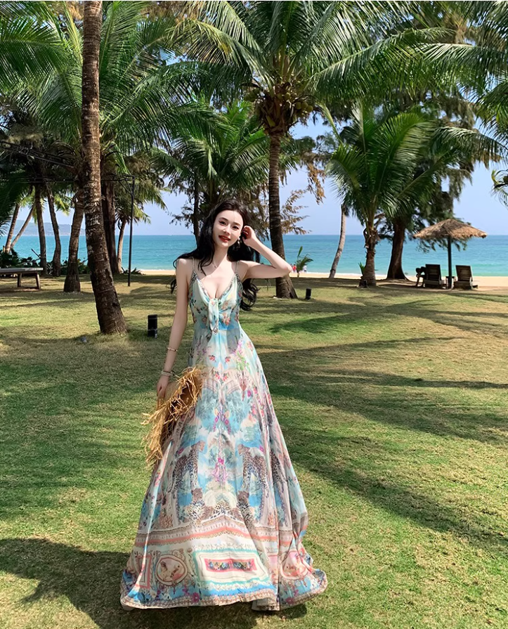 Boho Style Tie-Front Deep V-Neck Maxi Dress Fashion Beach Getaways Printed Spaghetti Strap Long Dress AP1319