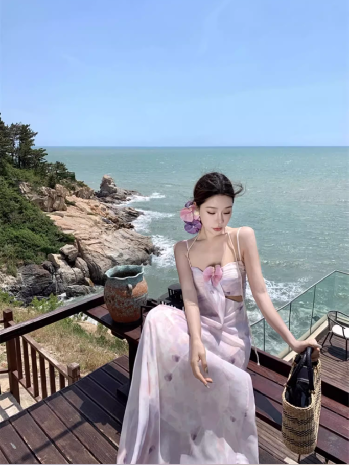 French Style Purple Petal Print Maxi Dress Graceful Flower Design Spaghetti Strap Long Dress AP1322
