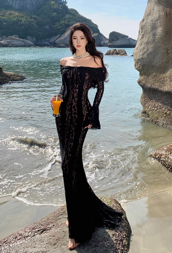 Sexy Hollow Lace Overlay Black Mermaid Maxi Dress Alluring Sheath Long Sleeve Off-Shoulder Long Dress AP1326