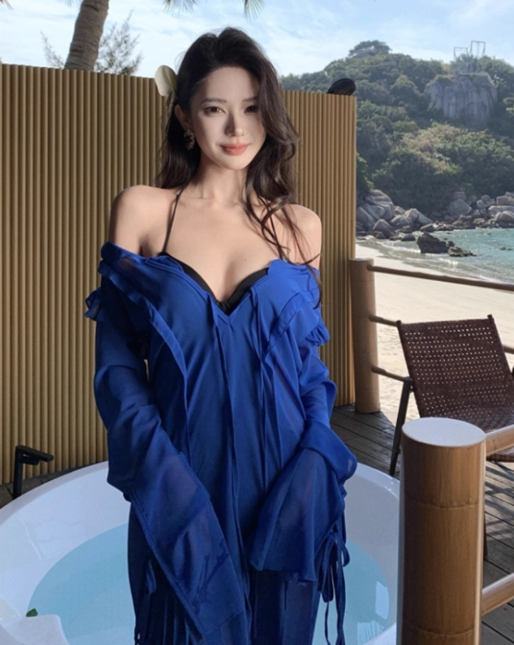 Elegant Long Mesh Sleeve Maxi Dress Beach Pool Outfit Sheer Cover Up Long Dress AP1330