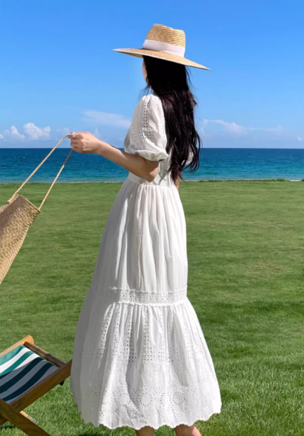 Elegant Hollow-Out Slit A-Line Maxi Dress Classical Rural Photoshoots Puffy Short Sleeve Long Dress AP1331