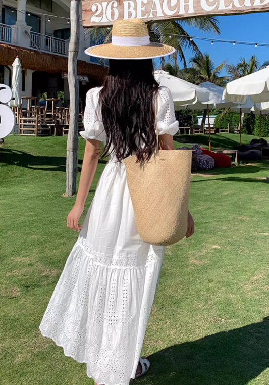 Elegant Hollow-Out Slit A-Line Maxi Dress Classical Rural Photoshoots Puffy Short Sleeve Long Dress AP1331