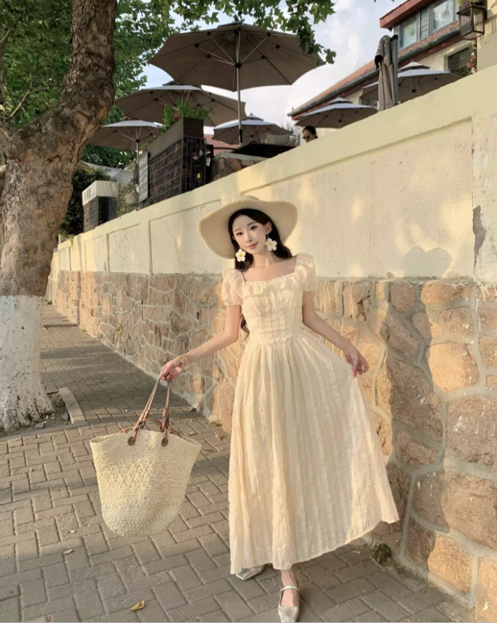 Ethereal Sheer Tulle Layered Lace Trimmed Maxi Dress Charming Summer Outfit Puffy Short Sleeve Long Dress AP1332