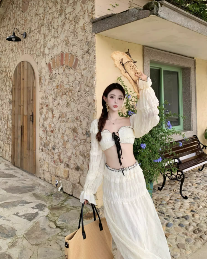 French Style Crop Top Two-Piece Set Maxi Dress Scenic Trips Long Puffy Sleeve Off-Shoulder Long Dress AP1333