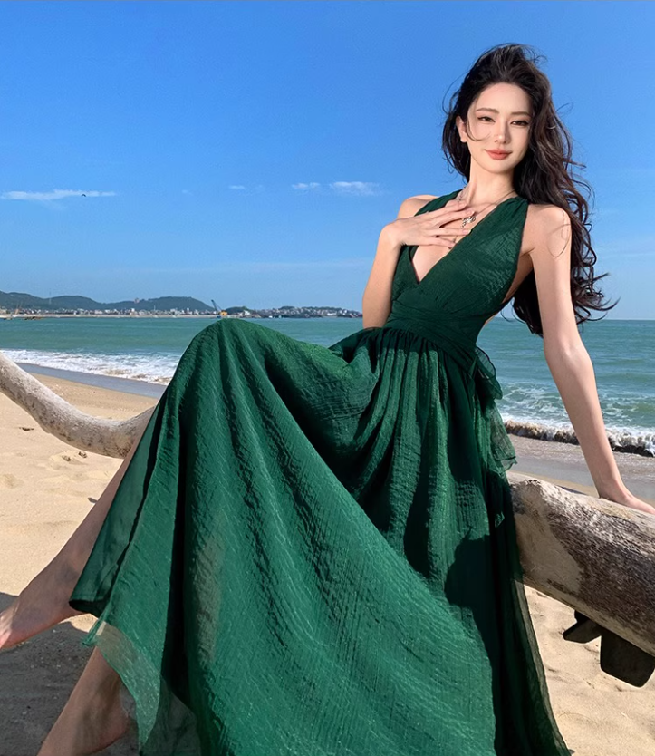 Alluring Deep V-Neck Green Sheen Fabric Maxi Dress Chic High Slit Tulle Layered Halter Long Dress AP1336