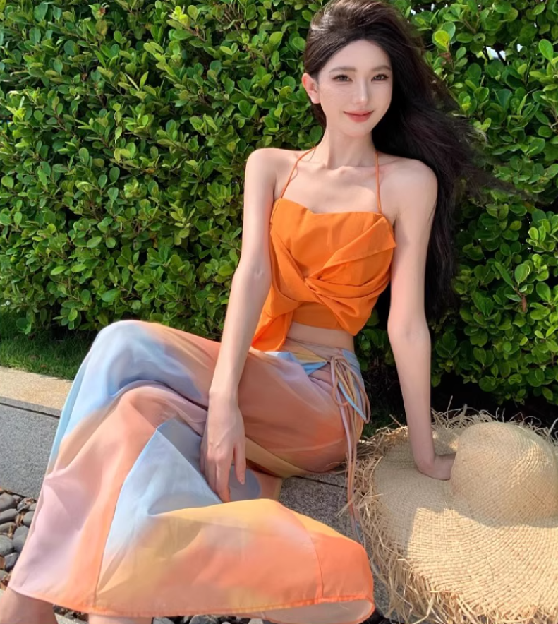 Dopamine Two-Piece Set Crop Top Sheath Maxi Dress Niche Artistic Tie-Dye Halter Long Dress AP1337