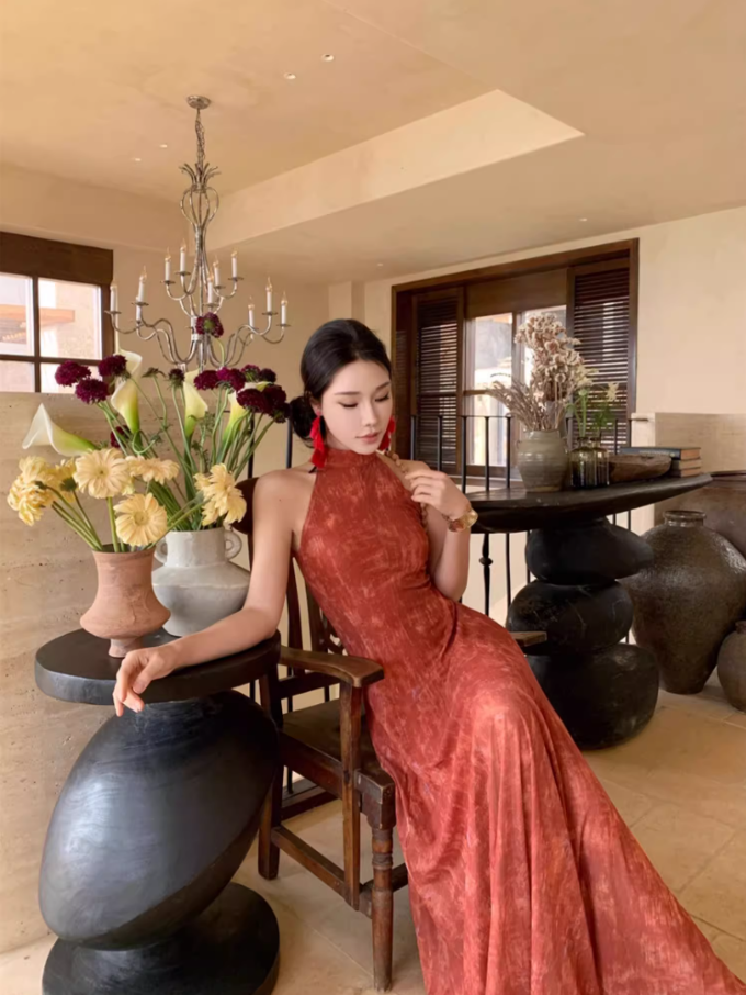 Retro Oriental Style Red Sheath Maxi Dress Artistic Hollow-Out A-Line Halter Long Dress AP1338