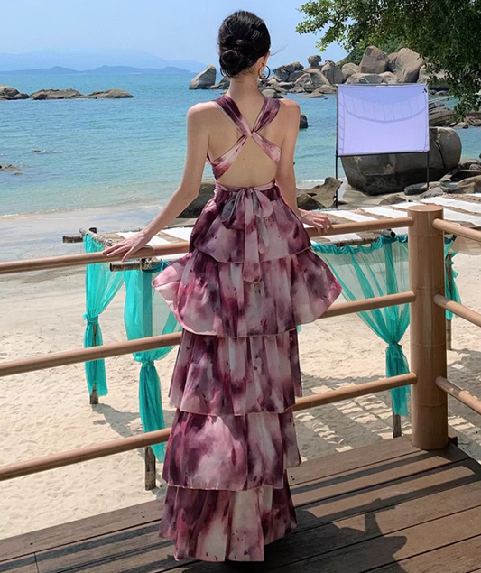 Vintage Tie-Dye Deep V-Neck Maxi Dress Artistic Tiered Ruffle Hem Coastal Shoots Halter Long Dress AP1339
