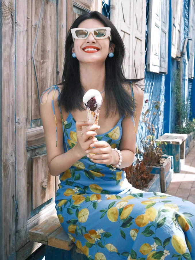 Tropical Style Fruit Print Blue Maxi Dress Vogue Adjustable Spaghetti Strap Coastal Shoots Everyday Wear Long Dress AP1346