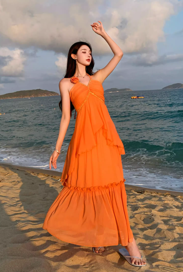 Ethereal Orange Flower Ornament Maxi Dress Chic Adjustable Strap Coastal Shoots Ruffles Hem Long Dress AP1347