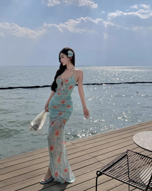 Romantic Floral Print Coastal Trips Blue Mermaid Maxi Dress Vogue Ruffles Trimmed Gathered Sheath Long Dress AP1353