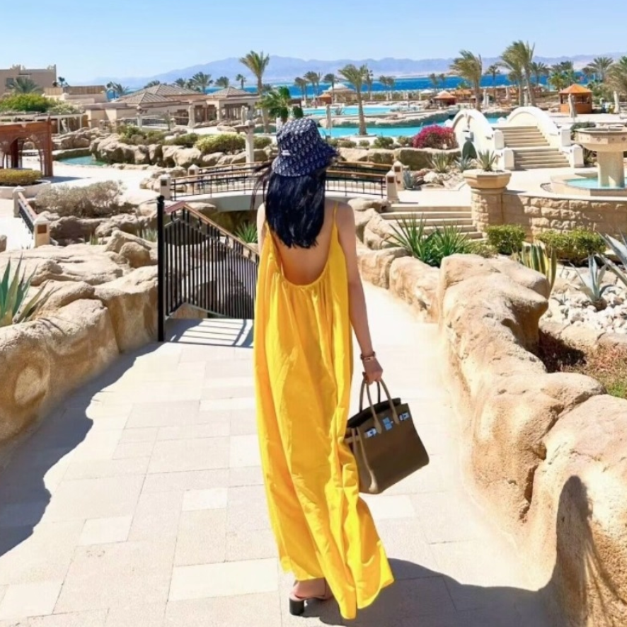 Vibrant Coastal Trips Yellow Oversize Maxi Dress Retro Loose Style Minimalist Backless Long Dress AP1354