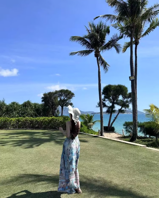 Boho Style Coastal Trips Floral Print Maxi Dress Retro Glittering Crystal Design Flowy Long Dress AP1356