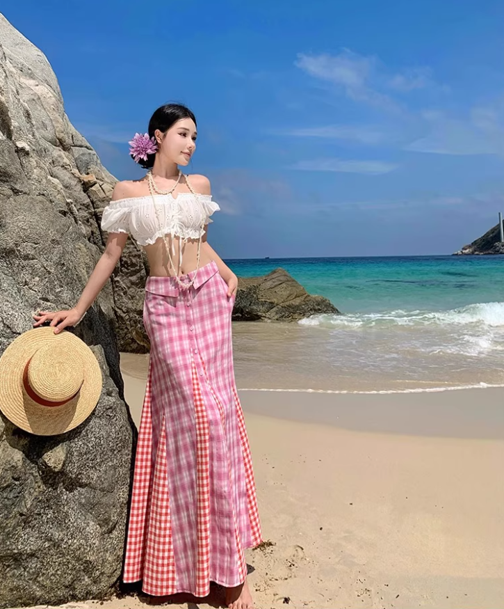 Dopamine Style Pink Plaid Two-Piece Set Maxi Dress Vibrant Off-Shoulder Crop Top Mermaid Long Dress AP1358