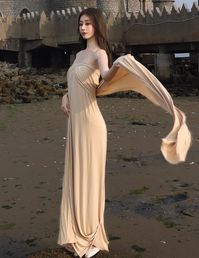 Alluring Soft Fabric Divine Strapless Maxi Dress Stunning Natural Draped Simple Design Long Dress AP1361