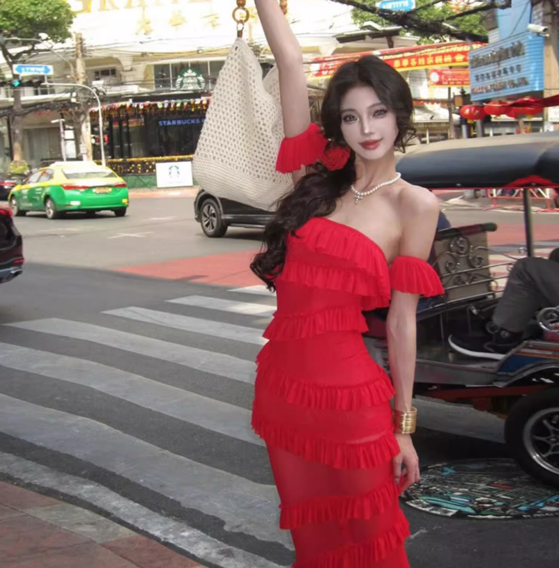 Charming Red Off-Shoulder Maxi Dress Stunning Tiered Hem Bodycon Long Dress AP1362