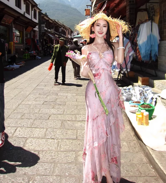 French-Inspired Pink Floral Print Sheath Maxi Dress Stunning Tiered Ruffles Hem Adjustable Halter Long Dress AP1363
