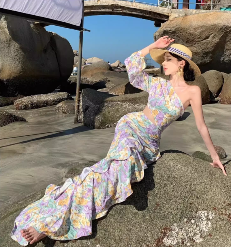 Romantic One Shoulder Hi-Lo Ruffles Hem Maxi Dress Chic Asymmetric Neckline Open-Waist Long Dress AP1367