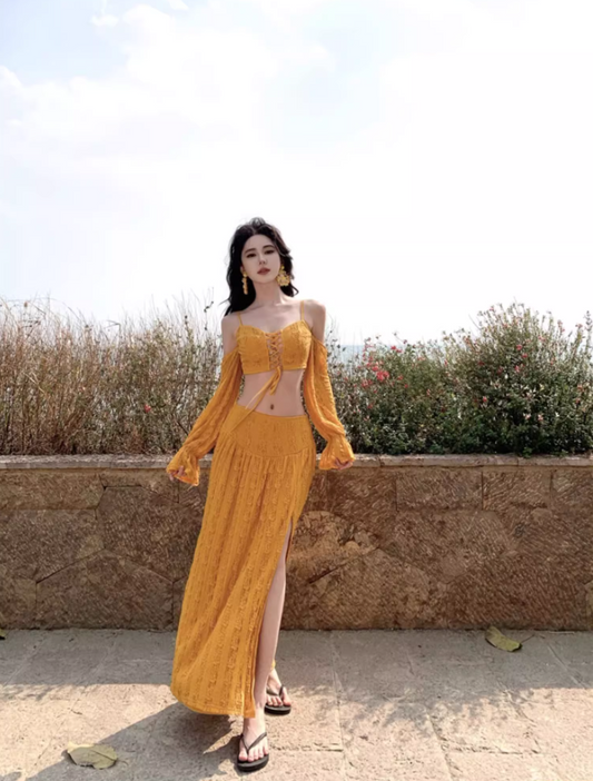 Romantic Long Sleeve Two-Piece High Slit Maxi Dress Scenic Trips Off-Shoulder Tie-Front Long Dress AP1369