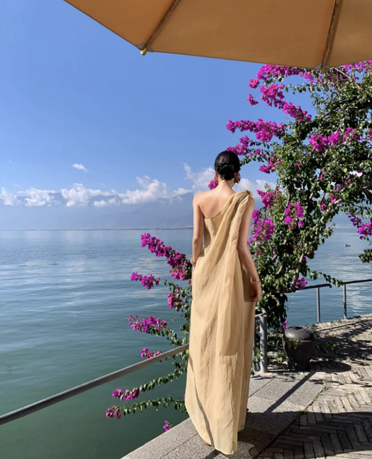 Gorgeous Asymmetric Neckline One Shoulder Maxi Dress Graceful Flowy Soft Fabric Long Dress AP1371