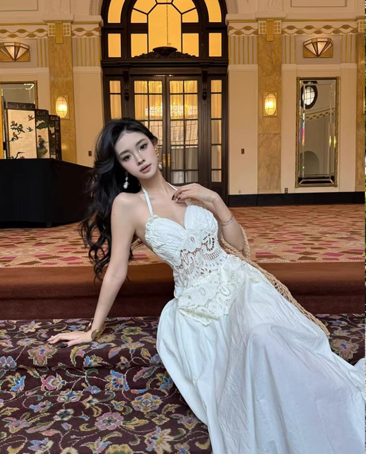 Graceful Sweetheart Neck Lightweight Maxi Dress Niche Cinched-Waist Hollow-Out Lace Flowy Halter Long Dress AP1378