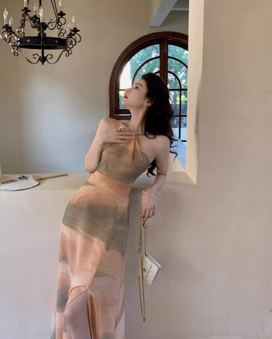 Stylish Lightweight Gradient Tones Maxi Dress Chic Side Slit Flowy Halter Long Dress AP1381