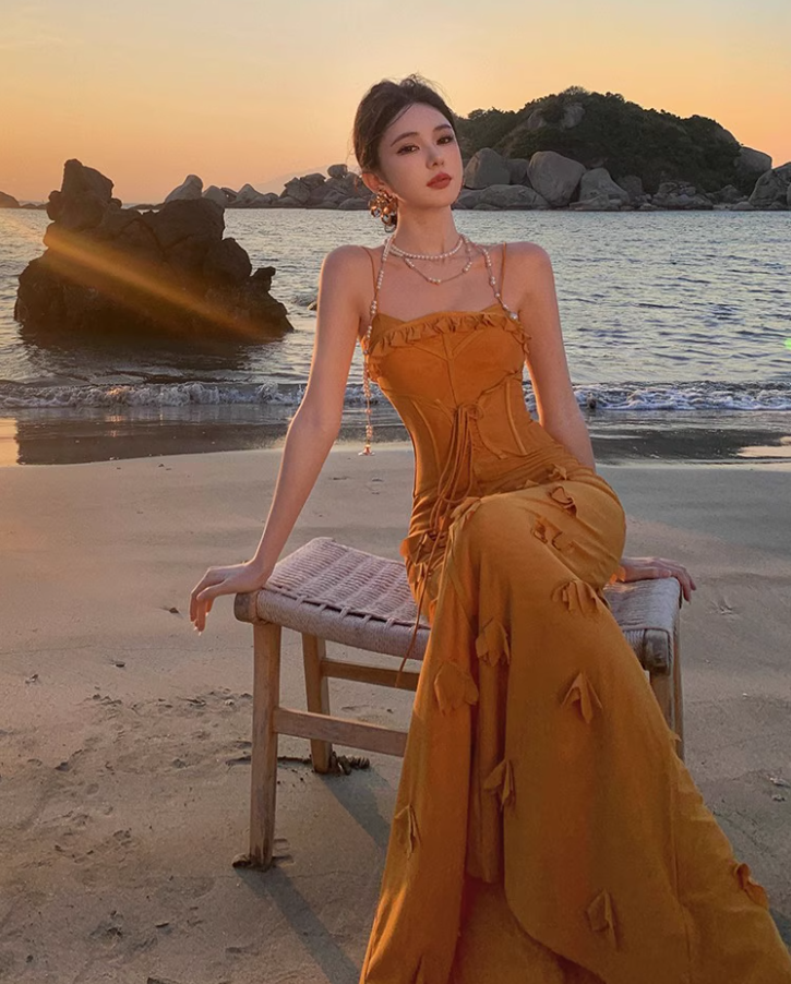 French Style Mustard Yellow Petal Detail Maxi Dress Alluring Mermaid Cinched-Waist Long Dress AP1385