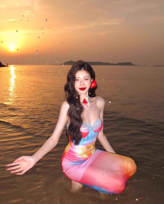 Dopamine Brightening Mesh Overlay Maxi Dress Chic Tie-Dye Ombre Coastal Shoots Mermaid Long Dress AP1387